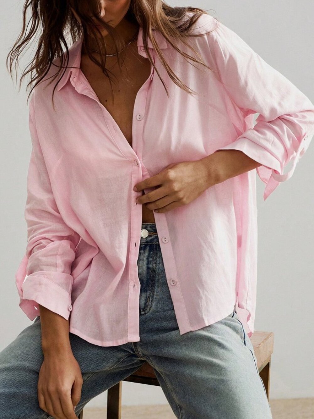 Pink Casual Women's Linen Long Sleeve Shirt Blouse